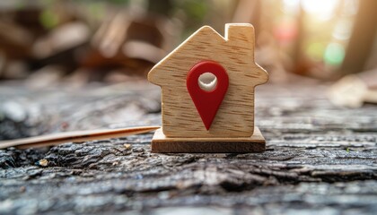Search for a good location with a wooden house figurine and a red pointer Nice area infrastructure and utilities