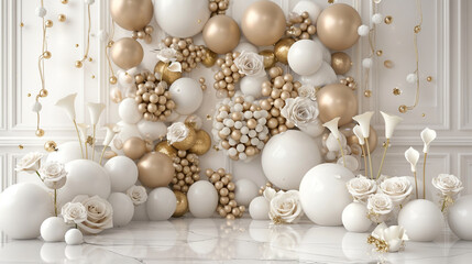 A luxurious balloon wall in shades of cream and white, adorned with golden accents and surrounded by white roses and calla lilies,