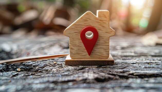 Search for a good location with a wooden house figurine and a red pointer Nice area infrastructure and utilities