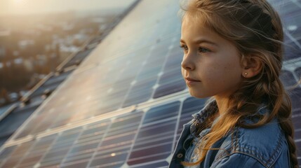 Portrait of a hopeful for the future girl kid letting see a solar panel for green energy and CO2 emission reduction hyper realistic 