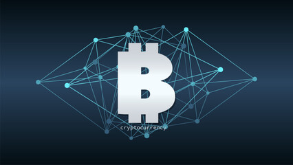 Bitcoin sign. Low poly vector pattern. Blockchain technology, crypto currency symbol. Virtual money icon for business, finance, digital global trade, payment, worldwide, exchange