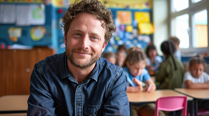 Obraz premium smiling male teacher in a class at elementary school