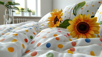   Two sunflowers rest on a polka-dot comforter atop white sheets, framed by a window