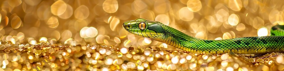 Obraz premium green snake on a background of gold sequins with space for text.