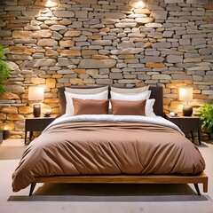 a stone wall backdrop and a spacious bed elegantly dressed with a brown comforter and an array of plush pillows. The composition should emphasize the natural textures of the stone wall and the invitin