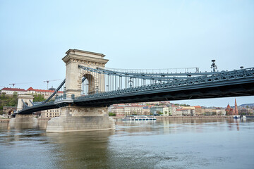 Panoramic view on skyline of Budapest city with Chain Bridge along Danube River. Architecture of...