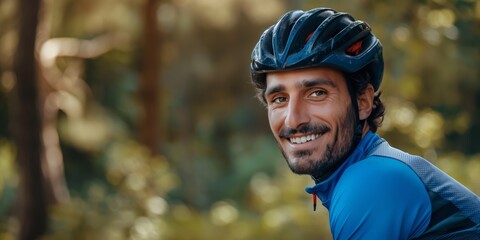 Happy male cyclist with helmet enjoying a break outdoors during a cycling adventure