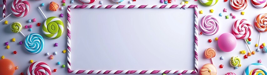 lollipop frame surrounded by lollipops on white background