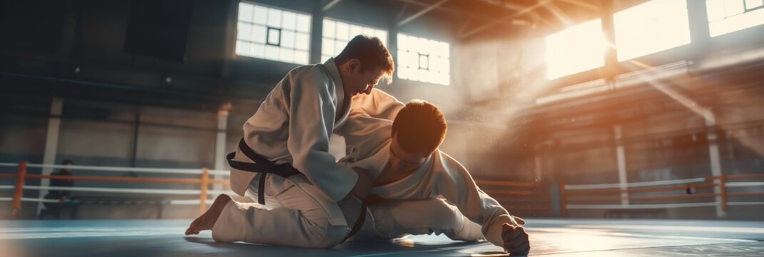 Two judokas in white kimonos training in a martial arts sparring match inside a brightly lit dojo