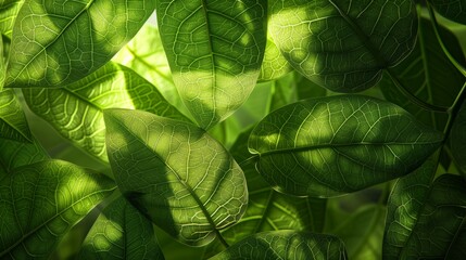 Sunlight dances on intricate textures of green leaves, encapsulating essence of natural carbon capture and beauty of sustainability. Eco-friendly carbon credit and the fight against global warming.