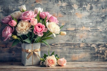 A postcard, a banner for Mother's Day with pink flowers, hearts on a vintage gray wooden background.