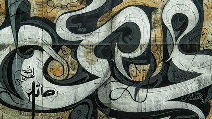 Generate an image featuring dynamic and expressive calligraphy that captures the spirit of modern urban art. The artwork should consist of bold, sweeping strokes and intricate details that create a ha