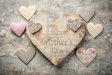 A postcard, a banner for Mother's Day with pink flowers, hearts on a vintage gray wooden background.