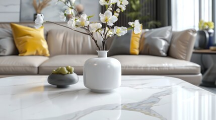 Top marble table in living room background hyper realistic 