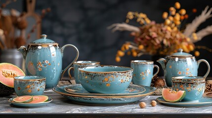   Blue tea set atop table; vase with flowers, watermelon slice nearby - obrazy, fototapety, plakaty