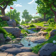 A tranquil stream winds its way through a thriving green park on a picturesque golf course, showcasing natures beauty and serenity.