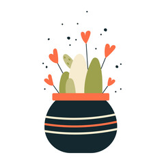 simple flat isolated vector illustration of plant in pot with hearts, white background, simple flat design, cute, colorful, boho style