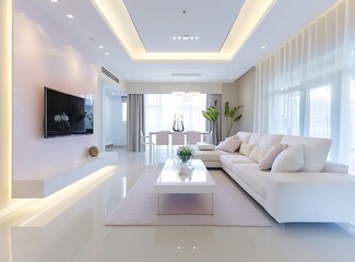 A wide angle photo of an elegant modern living room with a white sofa