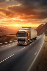 European truck vehicle on motorway with dramatic sunset light. Cargo transportation and supply theme. International logistic