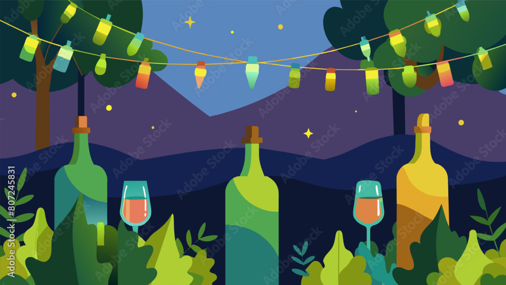 Poster a set of fairy lights made from recycled wine bottles adding a magical atmosphere to an evening gard