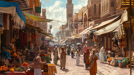  A busy street market where merchants are selling things from all over the world and customers are engaging in a lively exchange of culture and commerce.