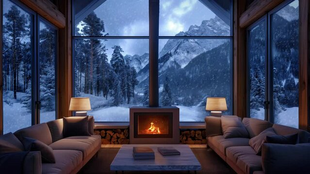 cozy cabin in the woods, winter scene, beautiful background landscape endless animation