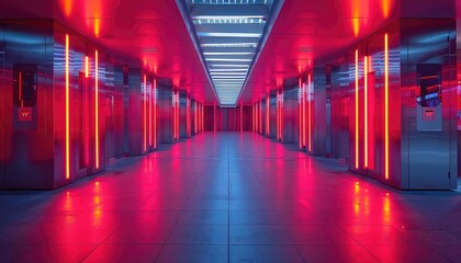 A long, brightly lit futuristic sci-fi corridor with red neon lights reflecting off the shiny metal walls and floors.