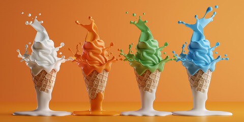 Four ice creams isolated on a orange background , colorful splashing dessert.