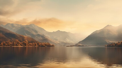 Fototapeta premium The sun is casting a golden glow as it sets over a tranquil lake surrounded by trees, creating a serene natural landscape with a calm horizon