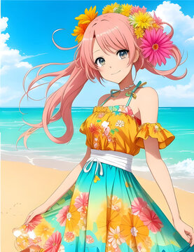Anime girl resting on the beach in a beautiful dress.