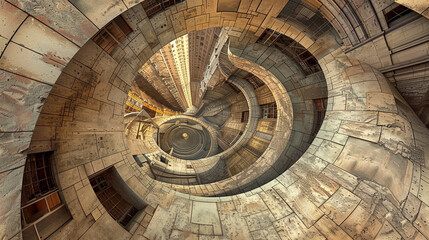 : A cityscape in which the streets twist and turn in bewildering ways, taking onlookers on a journey through a maze of unfathomable architecture where left is right and up is down.j