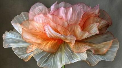   A pink and white flower on a gray background with a blurred image of its center