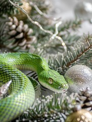 Fototapeta premium green snake on a background of silver sequins and branches of fir trees.