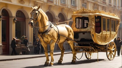 Subject Description: A golden horse pulling an upgraded two-carriage - obrazy, fototapety, plakaty