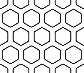 Hexagon geometric shapes background. Bold rounded hexagons mosaic cells with padding. Large hexagons. Seamless tileable vector illustration.