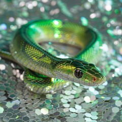Fototapeta premium green snake on a background of silver sequins and branches of fir trees.