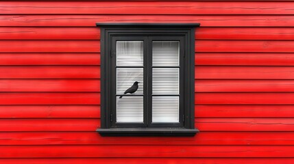   A bird perched on a window ledge, framed by a vibrant red structure and a dark glass pane