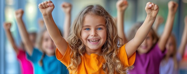 Fototapeta premium Happy girl raising arms in victory pose