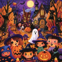 Cartoonstyle Halloween party scene with classic characters like witches, ghosts, and pumpkins in vibrant oranges and purples, perfect for a fun and festive wallpaper