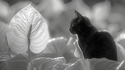  Cat on flower field with large leaf behind