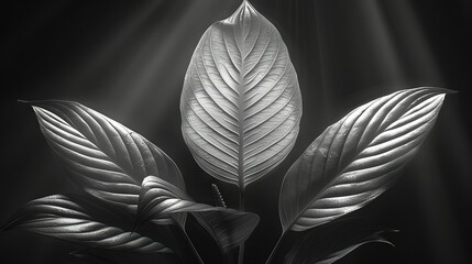   A monochrome photograph depicts a plant illuminated from the right by sunlight filtering through its foliage