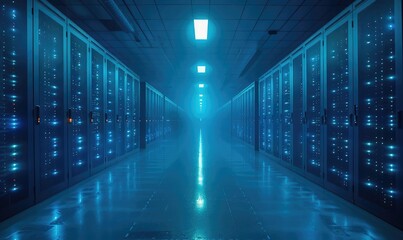 Fototapeta premium A long, dark hallway with blue lights on either side