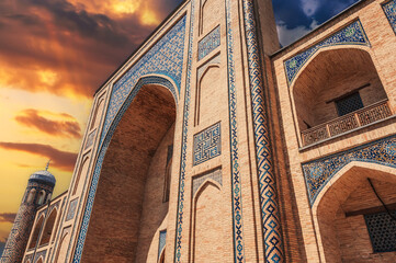 portal of the ancient medieval Uzbek Islamic Kukeldash madrasah in Tashkent in Uzbekistan. Old...