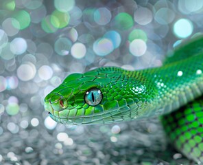 Fototapeta premium green snake on a background of silver sequins and branches of fir trees.