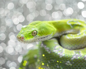 Fototapeta premium green snake on a background of silver sequins and branches of fir trees.
