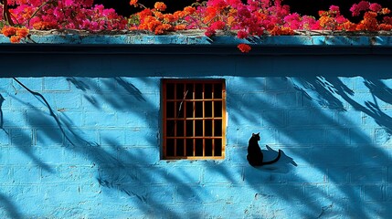   Black cat perched beside tall building with barred windows