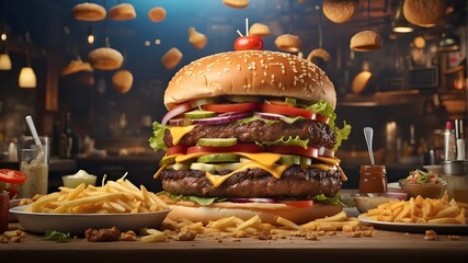big, food, delicious, meat, diet, meal, cookery, dinner, tasty, hot, grilled, unhealthy, beef, eatery, cheese, fast, vegetable, juicy, closeup, fresh, healthy, fat, advertising, lunch, gastronomy - obrazy, fototapety, plakaty