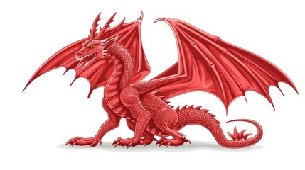 Patriotic Welsh Dragon Illustration with Bevel Effect. Symbol of Wales and Britain in Red Color
