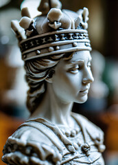 A queen chess piece photo portrait, statue of a woman wearing a crown