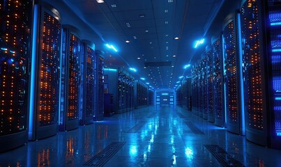 Obraz premium A long, brightly lit hallway with rows of server racks on either side. The floor is made of reflective material, and the ceiling is lined with lights.